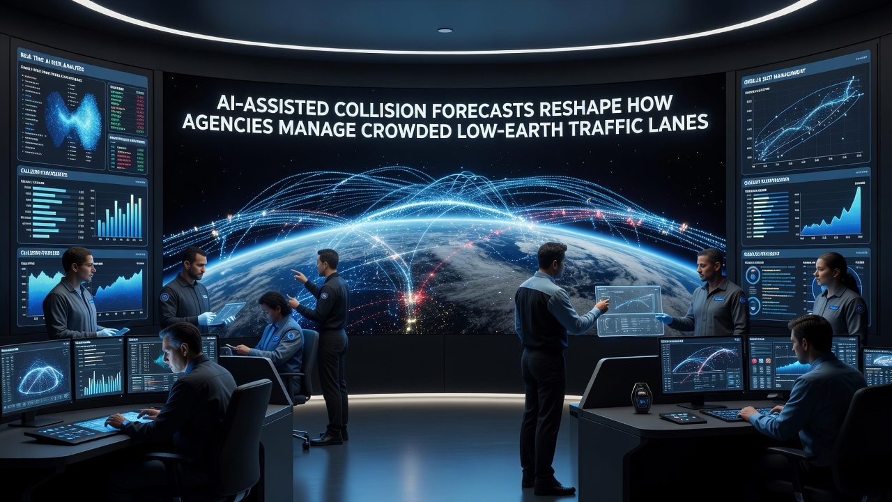 Operators reviewing AI-generated collision probability maps during a space traffic coordination briefing