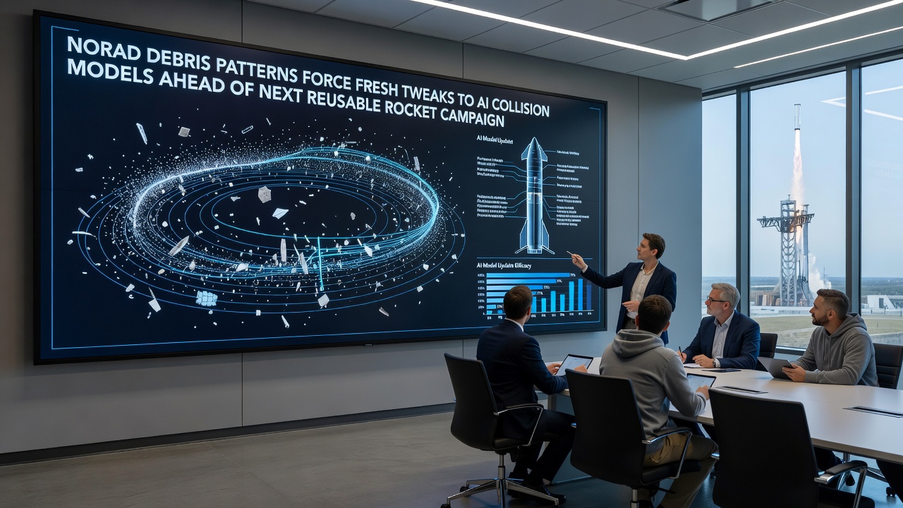AI simulation interface displaying updated collision probability outputs based on NORAD debris feeds